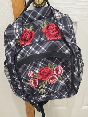 Embroidered Floral Black Plaid Backpack -thirty One